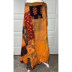 Jackpot Cotton Patchwork Maxi Skirt Orange Floral Print Boho Wrap Style One Size